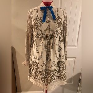 Anna Sui Cream and Blue Mini Dress with Lace Overlay